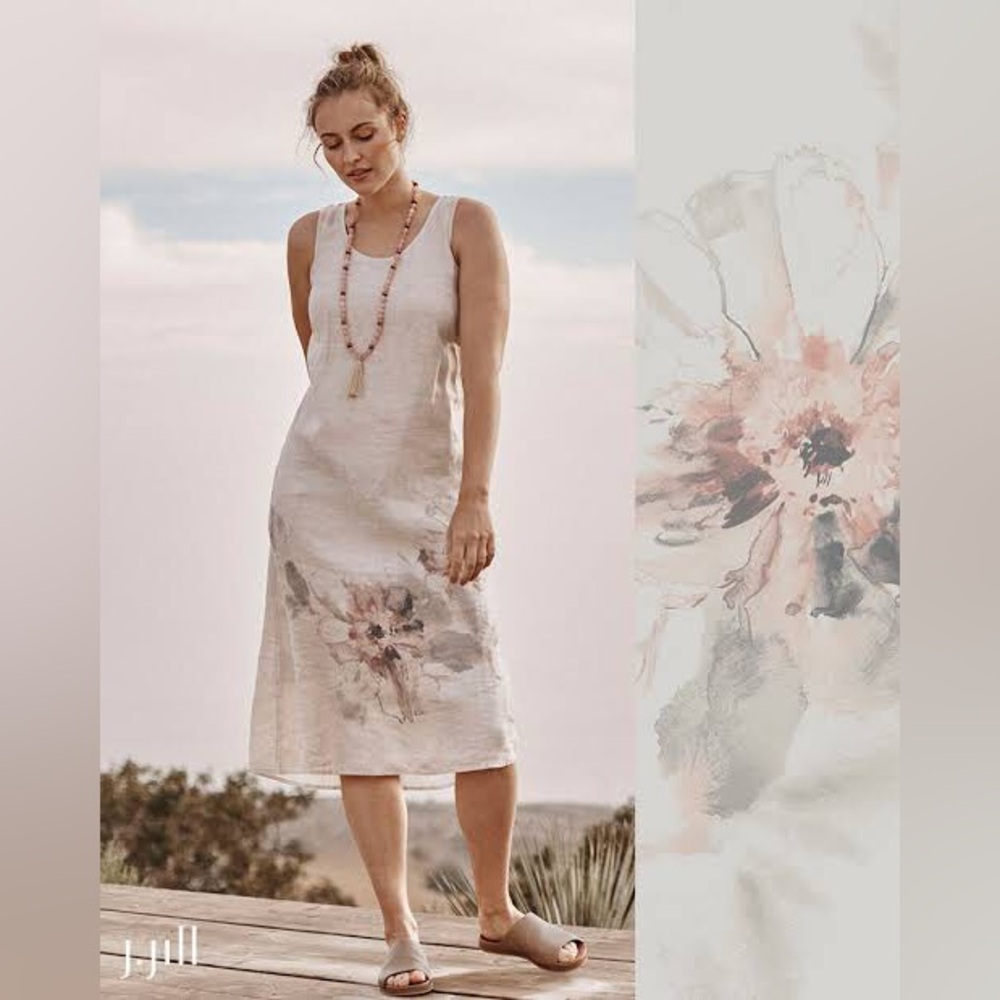 J. Jill Cream Floral Linen Midi Dress